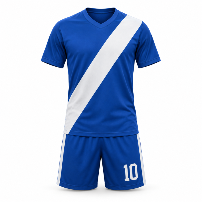Royal blue soccer jersey with white diagonal sash and matching shorts